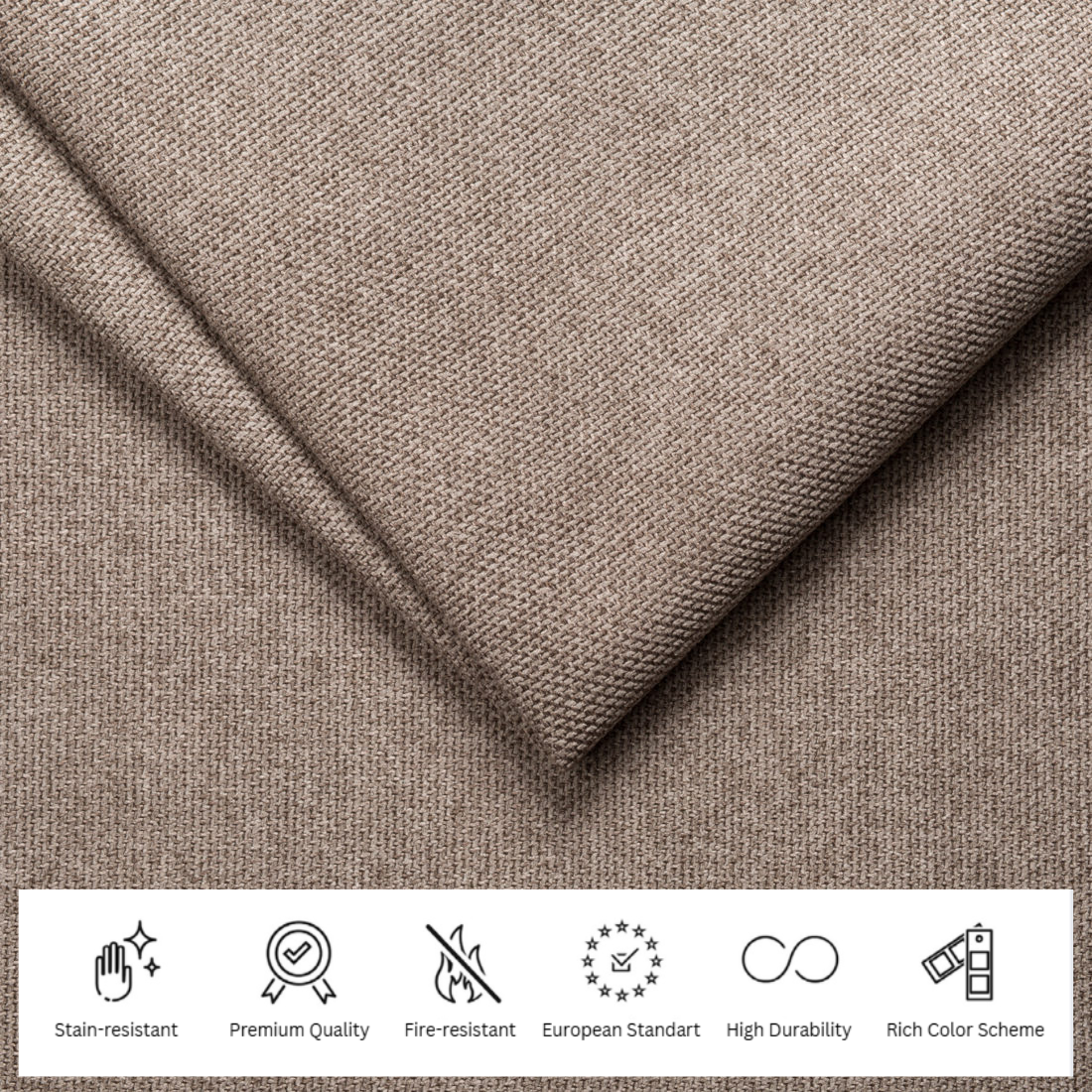 Admiral premium Belgian upholstery fabric sample – elegant woven texture, fire-resistant and stain-resistant, easy maintenance with water, available in rich colors. High-quality, durable fabric perfect for bespoke solid wood furniture upholstery, combining luxury, style, and long-lasting performance.