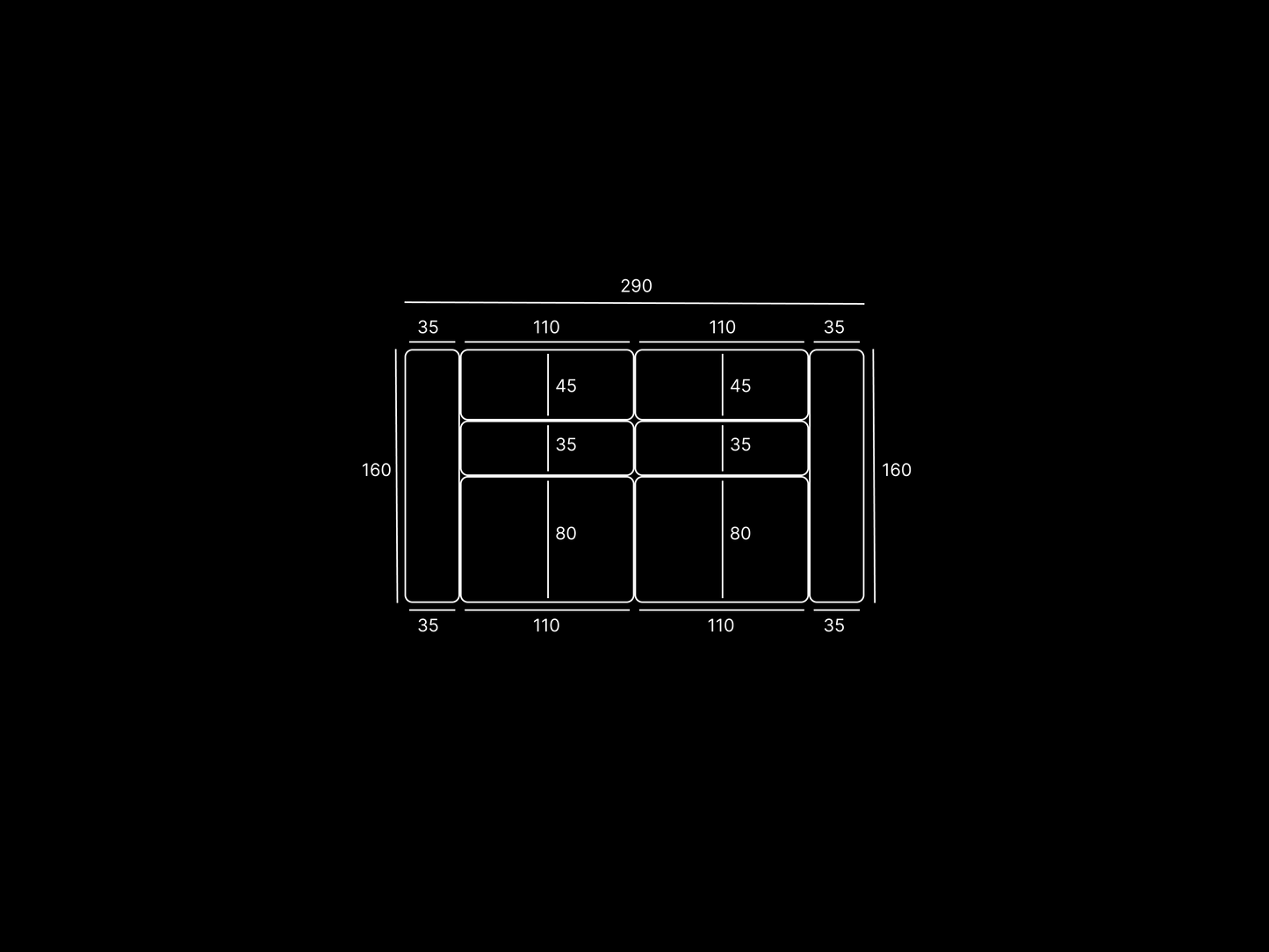 Technical drawing of a sofa