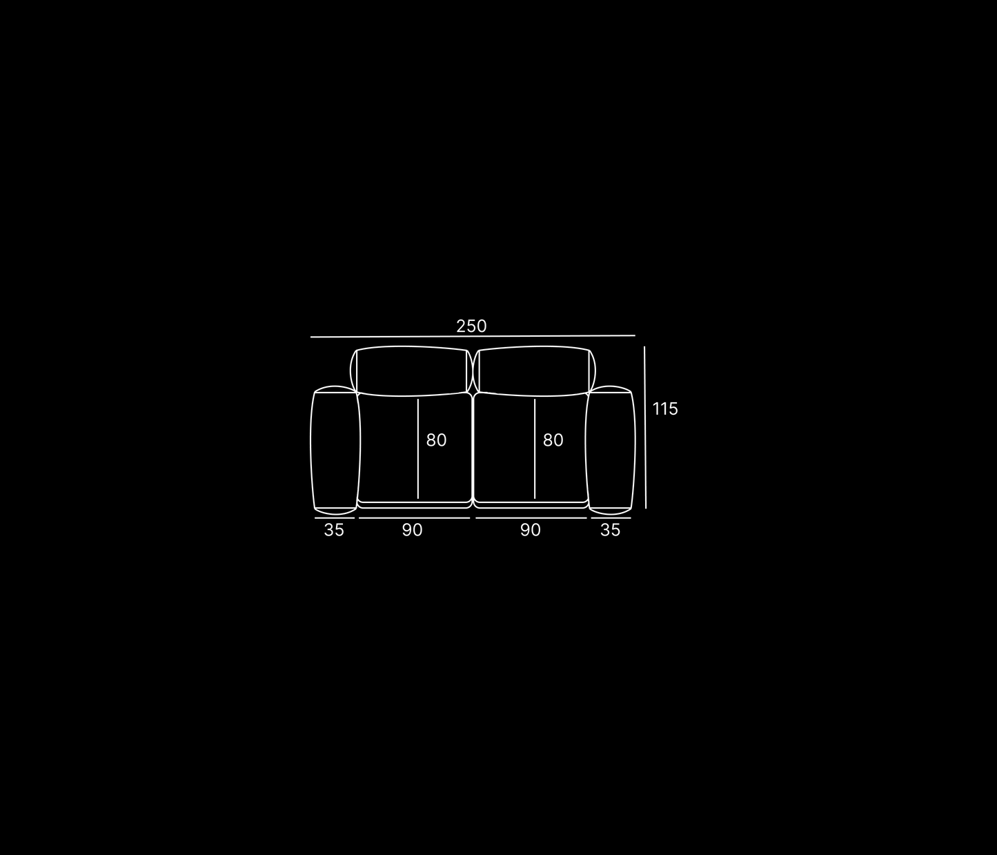 Technical drawing for a 2 seater modular sofa.