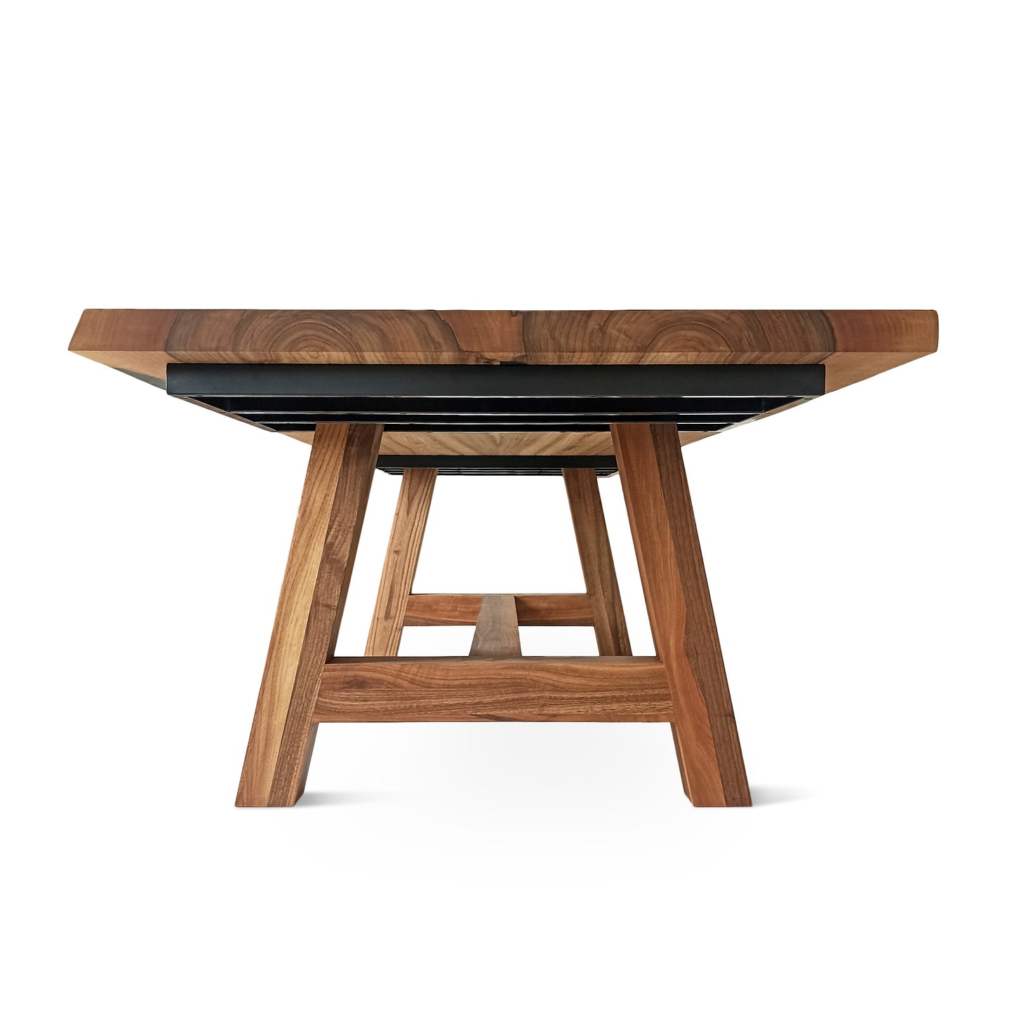 Beli farmer-style custom solid wood dining table in walnut, top view – handcrafted bespoke table made from FSC-certified walnut planks, featuring rustic design, premium craftsmanship, and sustainable materials by Talia Haus.