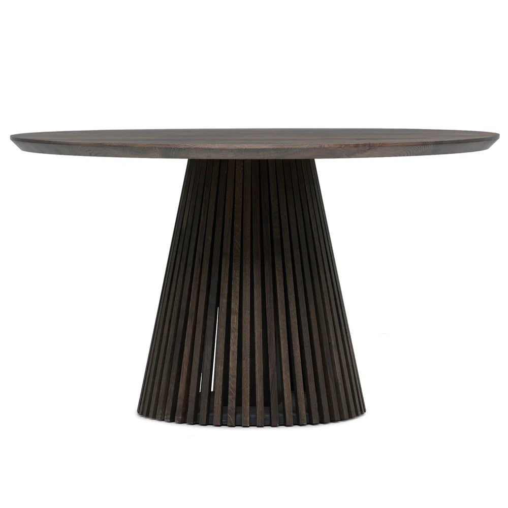 Round extendable solid wood dining table with wood pipe legs in dark oak.