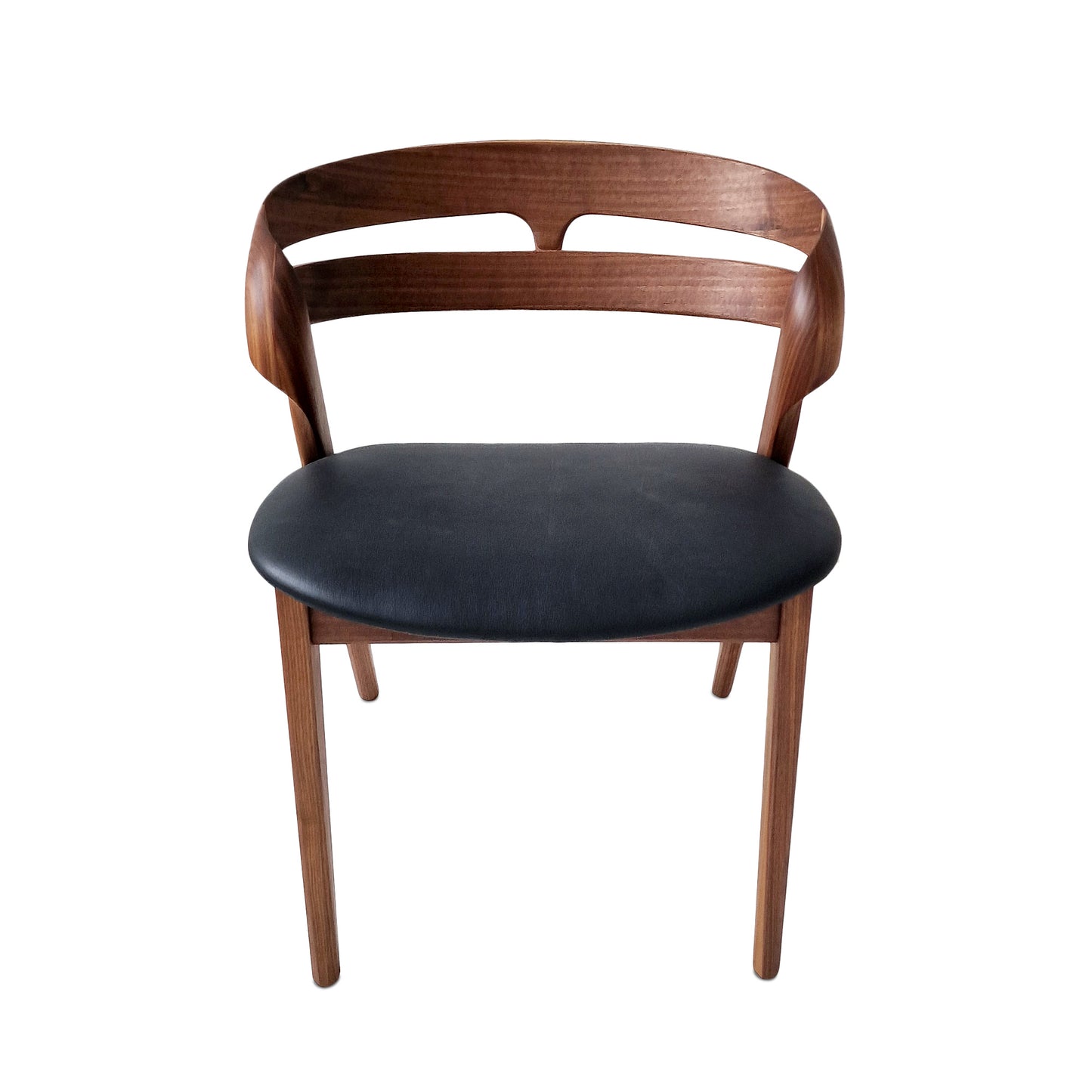 Solid walnut and natural leather curved dining chairs - style and high quality.