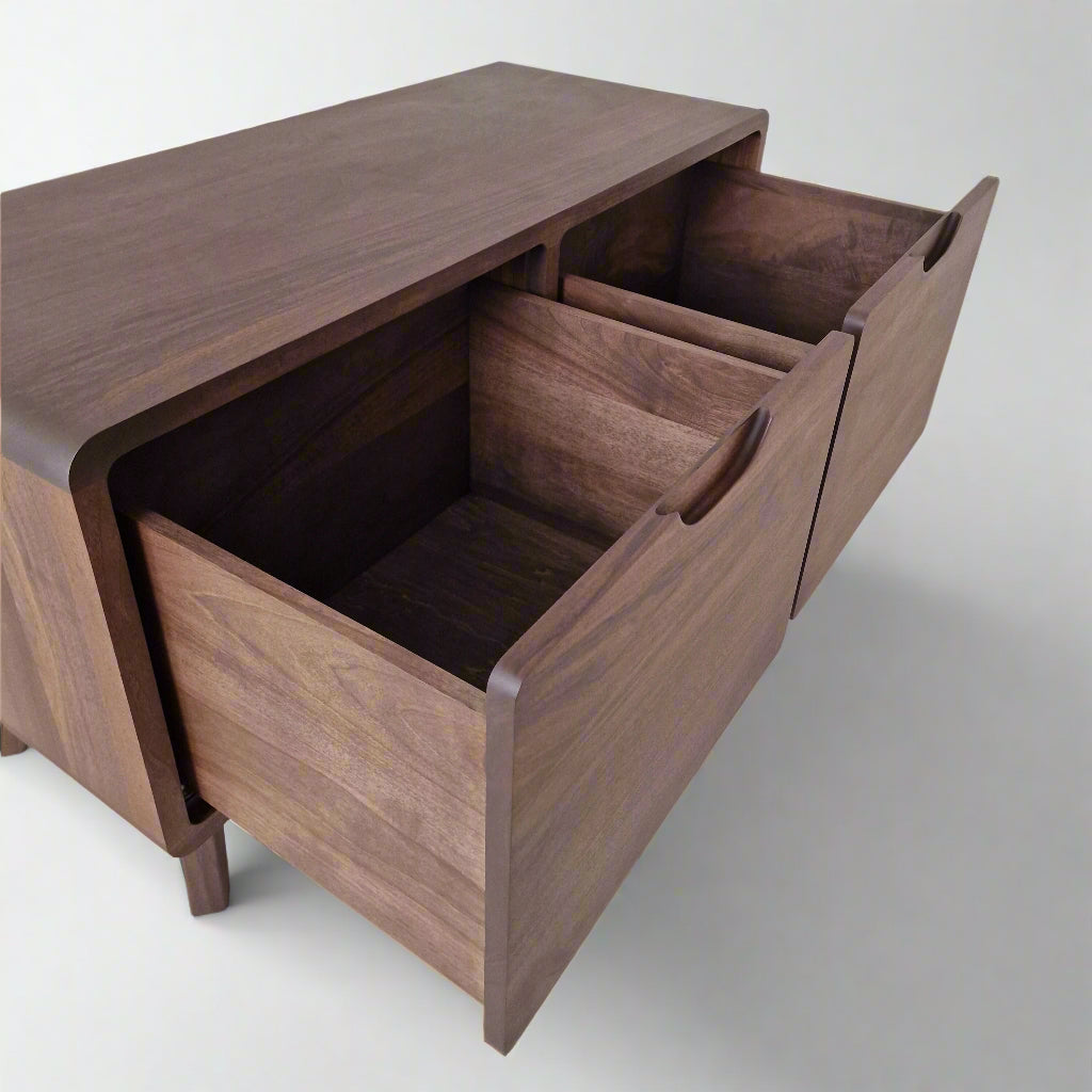 Elegant solid walnut sideboard buffet with ample storage, featuring a modern design, smooth wood grain, and soft-close doors—perfect for dining or living rooms.