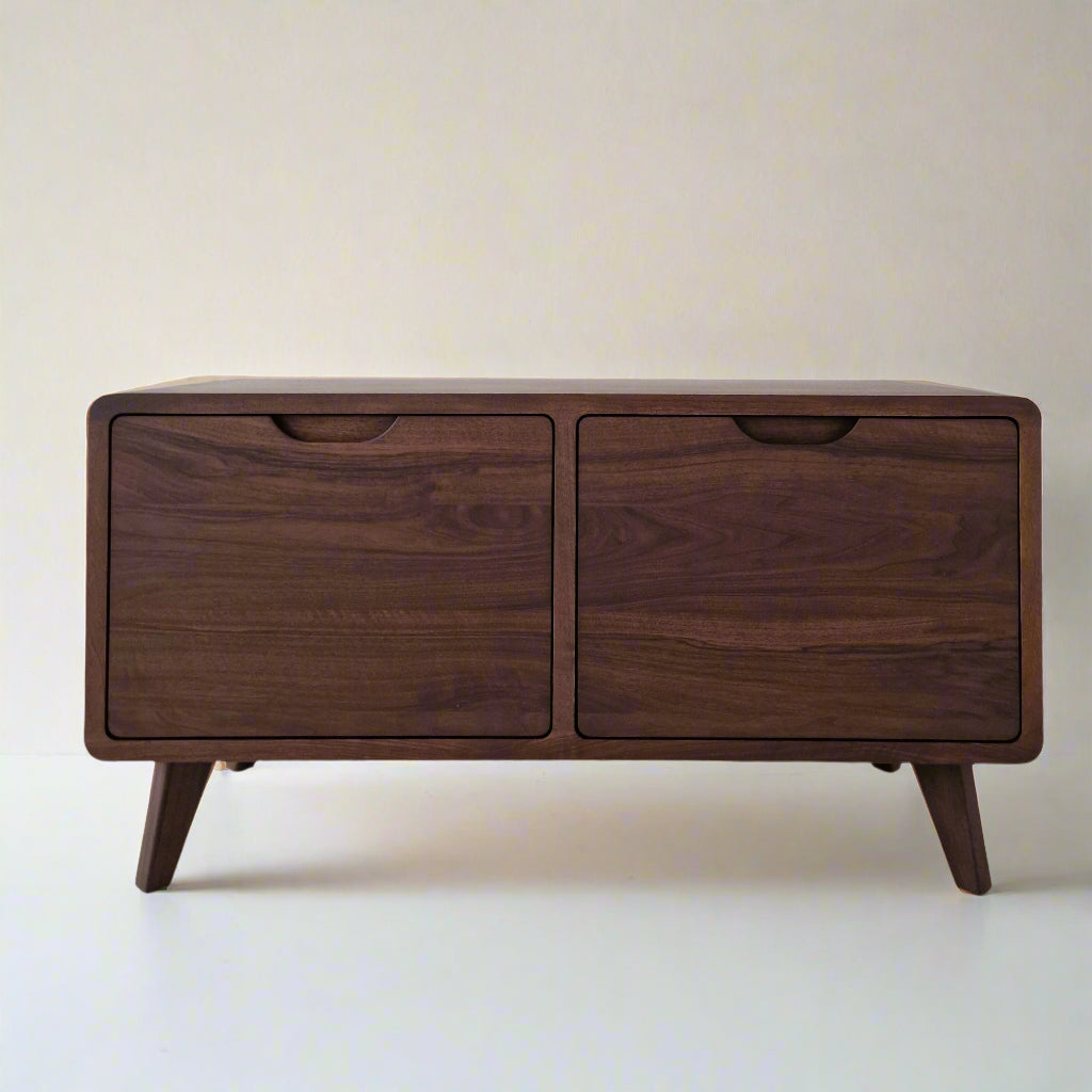 Ember Solid Wood Sideboard in Chocolate Dark Walnut with a rounded shape, showcasing a sleek front view, rich wood grain, and ample storage for any living room.