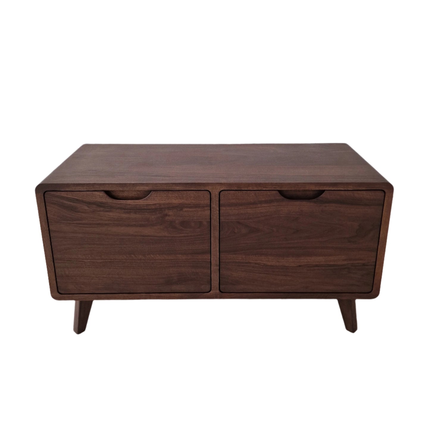 Ember Solid Wood Sideboard in Chocolate Dark Walnut with a rounded shape, showcasing a sleek front view, rich wood grain, and ample storage for any living room.