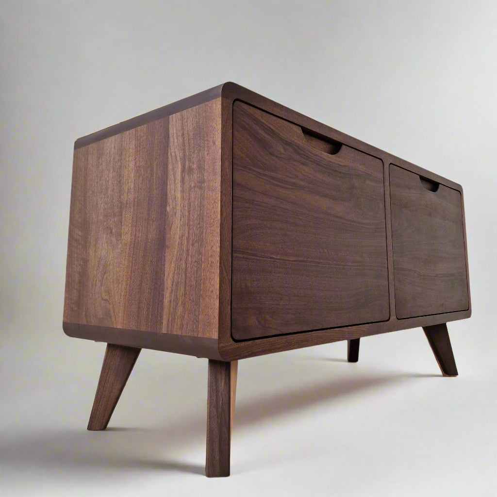 Elegant solid walnut sideboard buffet with ample storage, featuring a modern design, smooth wood grain, and soft-close doors—perfect for dining or living rooms.