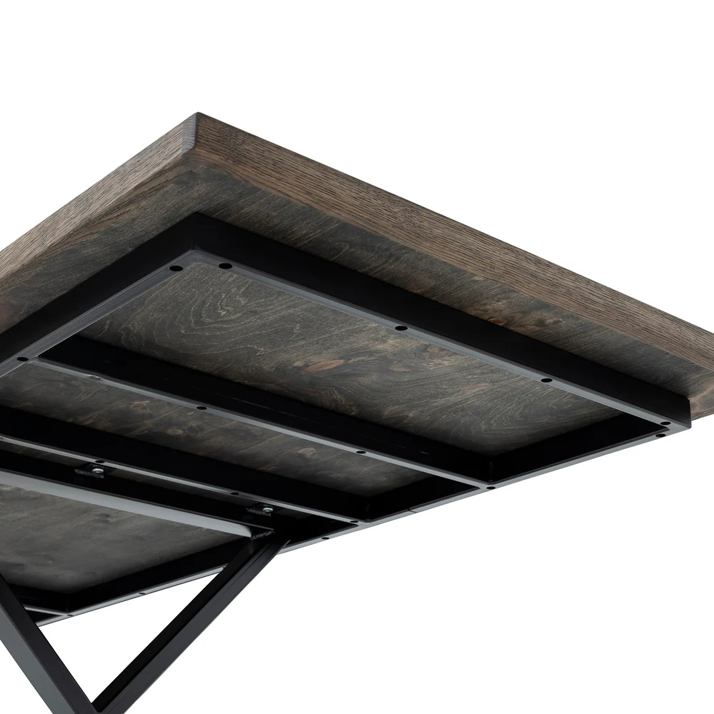 Gaia herringbone solid wood extendable dining table in charcoal oak with cross metal legs – luxury solid wood furniture piece.