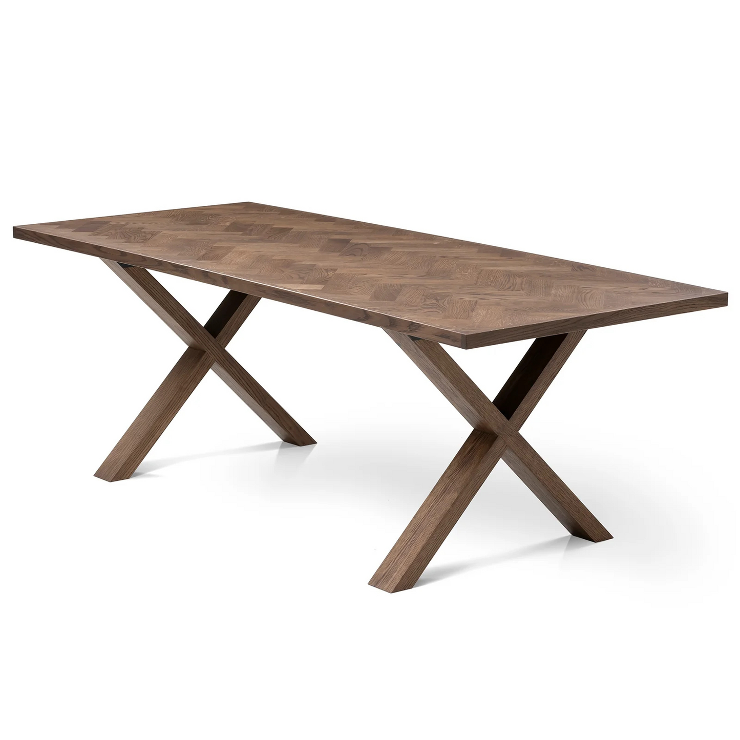 Gaia herringbone solid wood extendable dining table in chocolate oak with cross wood legs – luxury solid wood furniture piece.