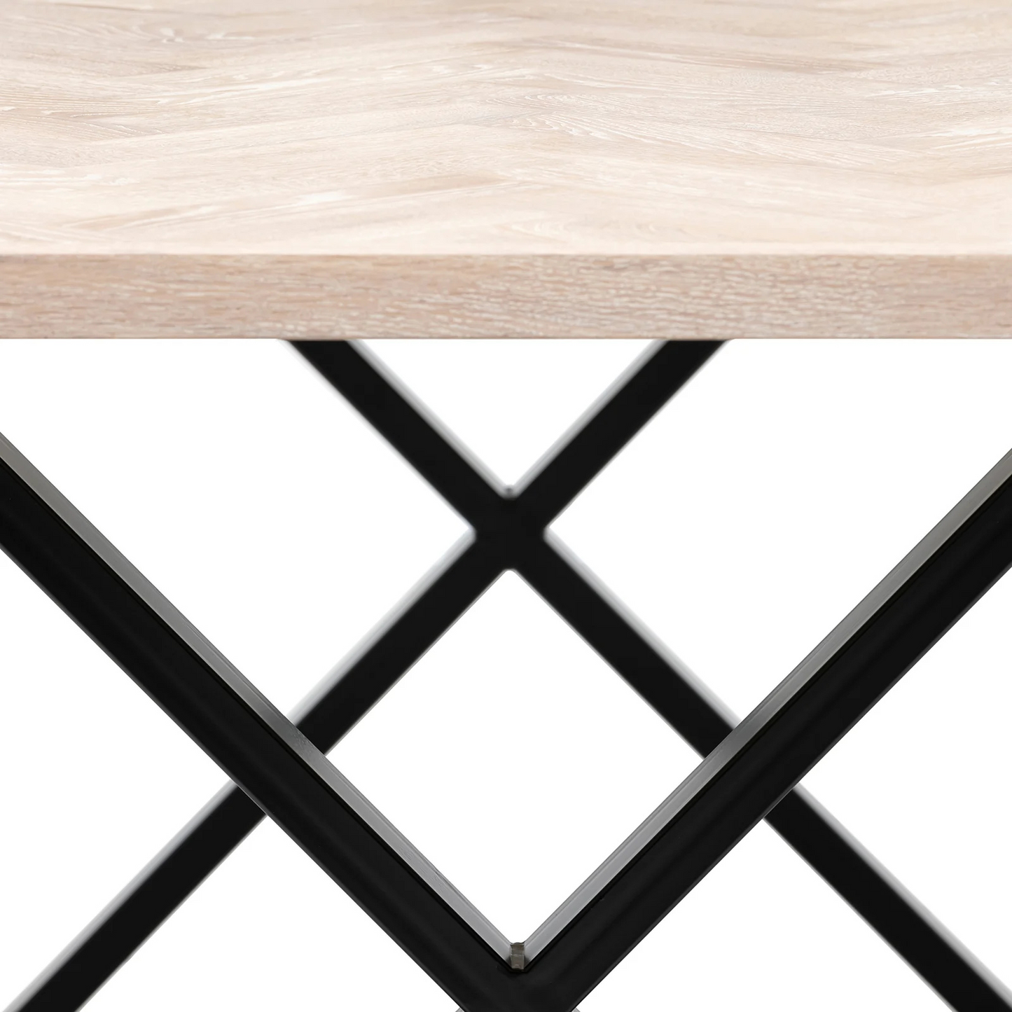 Gaia herringbone solid wood extendable dining table in white oak with cross metal legs – luxury solid wood furniture piece.