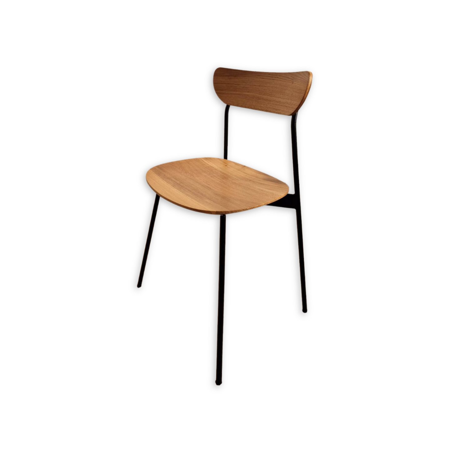 Solid wood dining chair with metal legs and a comfortable seat.