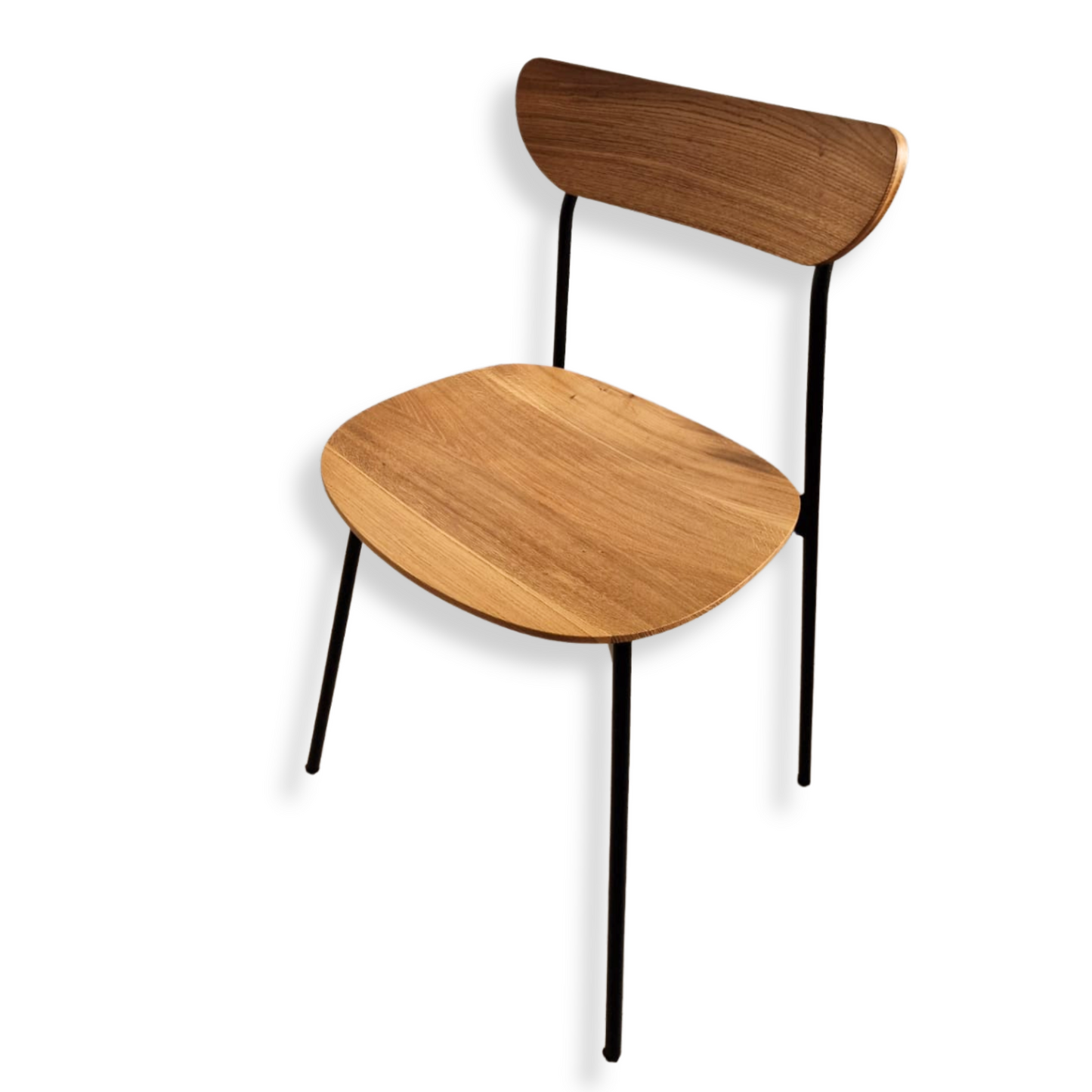 Solid wood dining chair with metal legs and a comfortable seat.