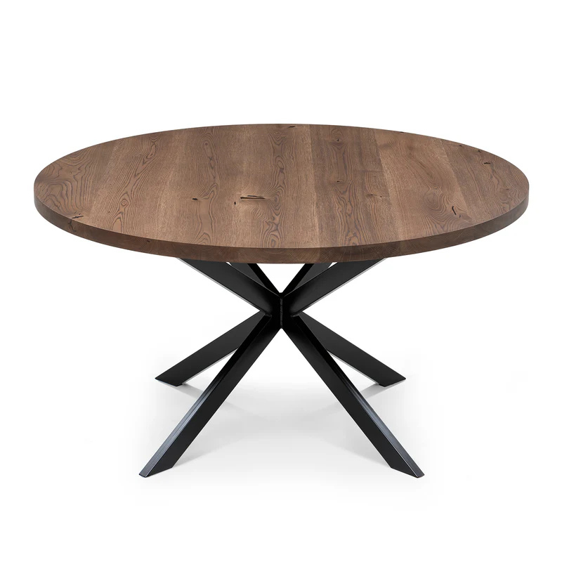 Solid Wood Round Extendable Dining Table in Dark Oak with Metal Spider Leg!