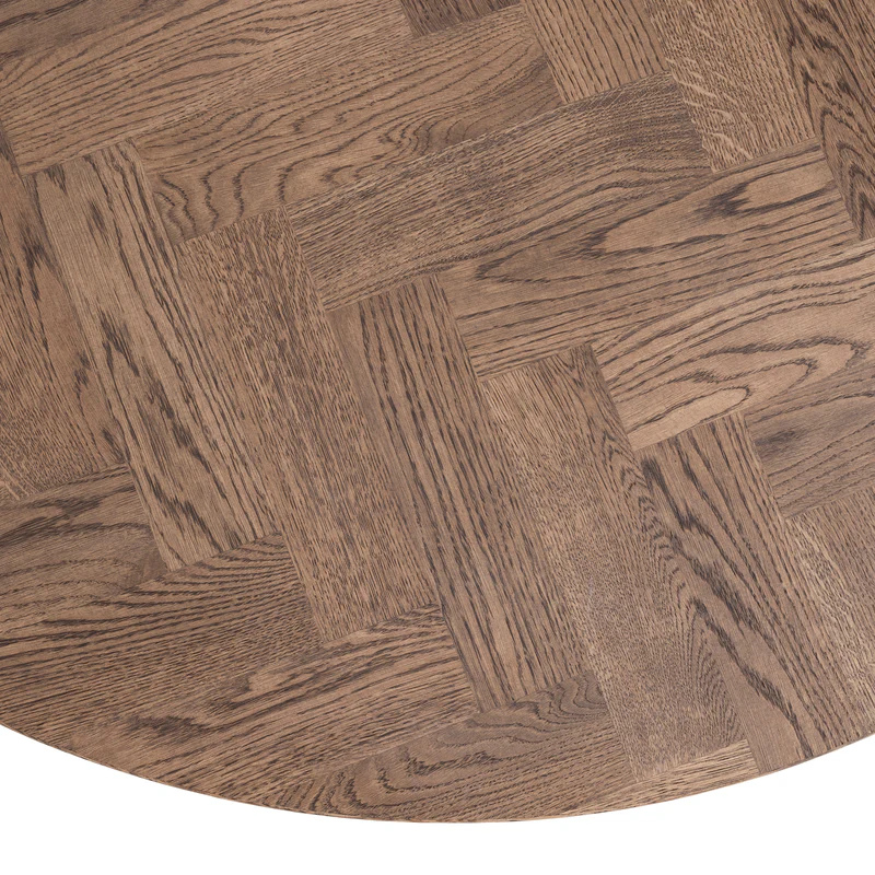Solid Wood Round Extendable Dining Table With Dark Oak Herringbone Top and Metal Star Legs!