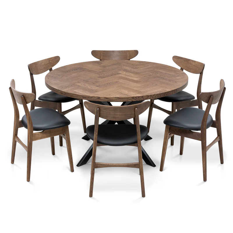 Solid Wood Round Extendable Dining Table With Dark Oak Herringbone Top and Metal Star Legs!
