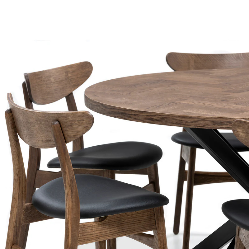 Solid Wood Round Extendable Dining Table With Dark Oak Herringbone Top and Metal Star Legs!