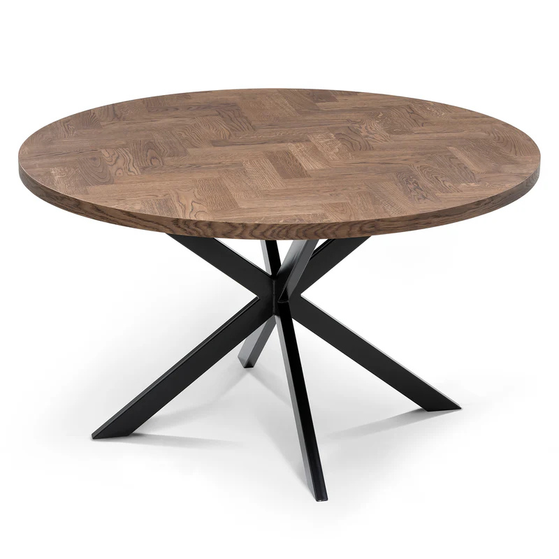Solid Wood Round Extendable Dining Table With Dark Oak Herringbone Top and Metal Star Legs!
