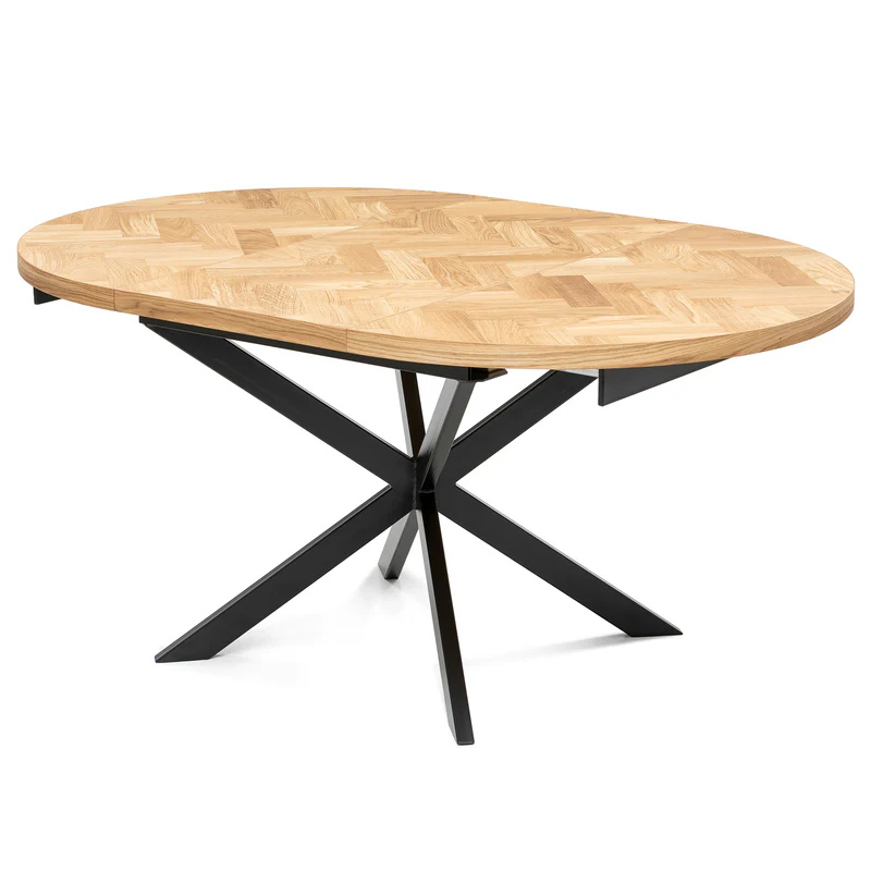 Solid Wood Round Extendable Dining Table With Natural Oak Herringbone Top and Metal Star Legs!