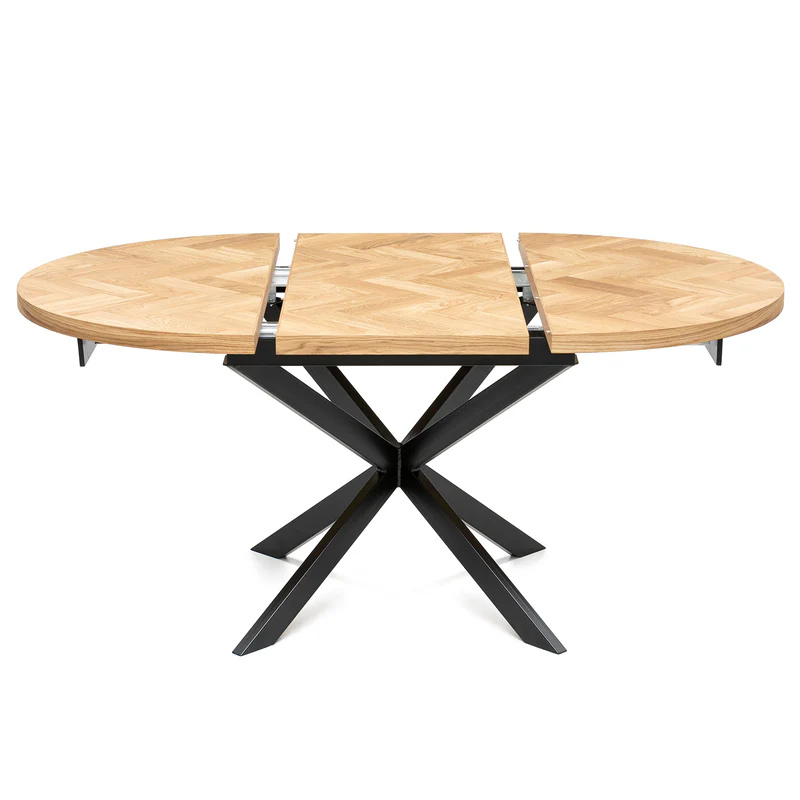 Solid Wood Round Extendable Dining Table With Natural Oak Herringbone Top and Metal Star Legs!