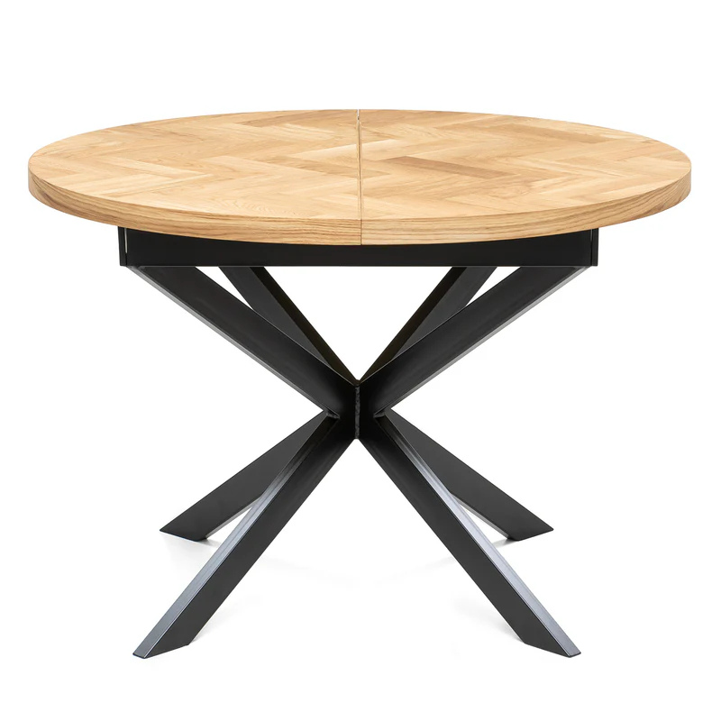 Solid Wood Round Extendable Dining Table With Natural Oak Herringbone Top and Metal Star Legs!