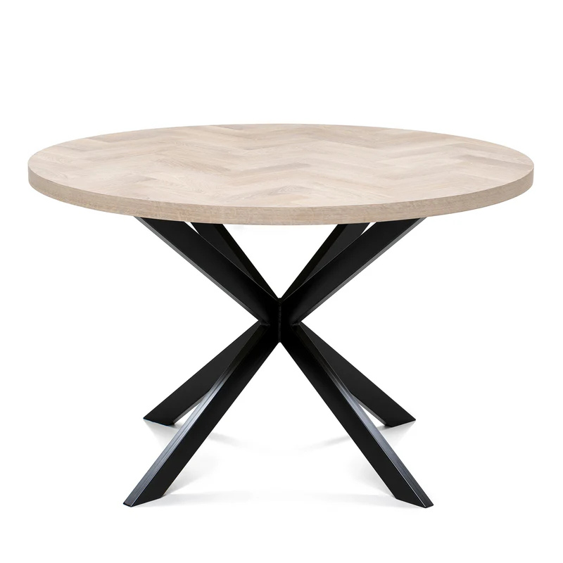 Solid Wood Round Extendable Dining Table With White Oak Herringbone Top and Metal Star Legs!