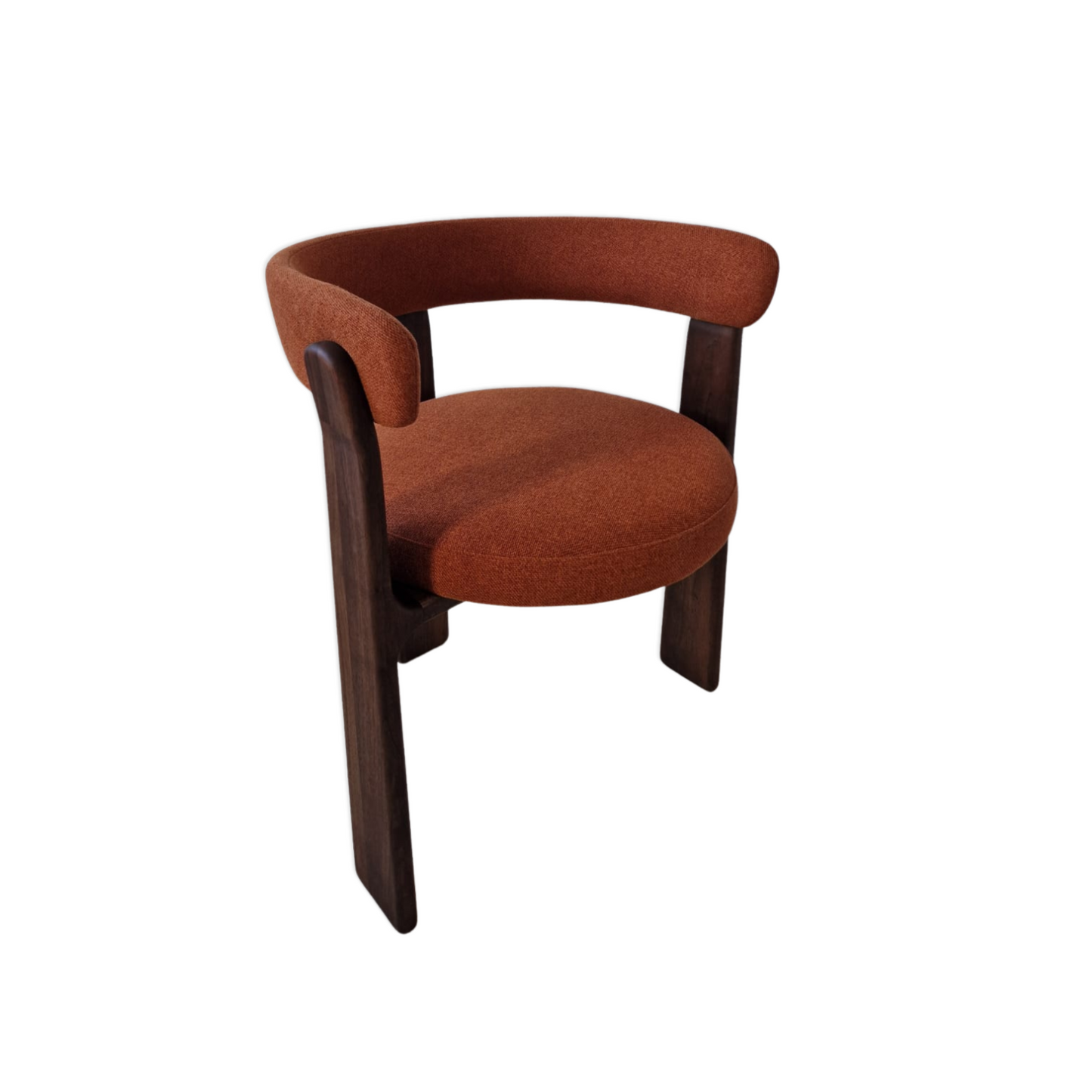 Luna solid wood dining chair in rich Chocolate Walnut finish, featuring a sculptural round silhouette and handcrafted from FSC certified walnut or oak planks. This bespoke, premium dining chair offers a choice of natural leather or luxury upholstery, blending sustainable craftsmanship with modern elegance for timeless interiors.