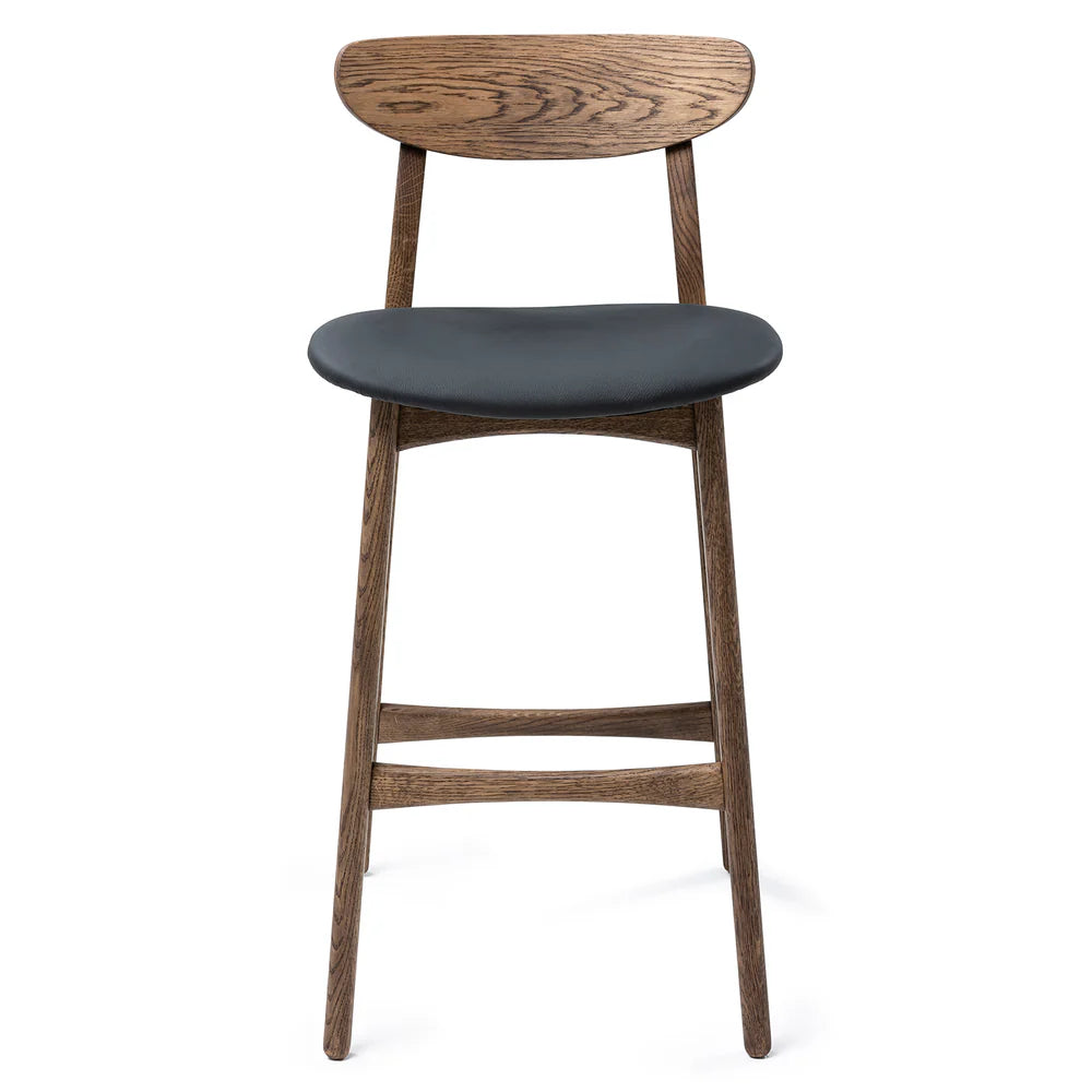 Megan handcrafted solid wood bar counter stool from natural oak and natural leather seat.