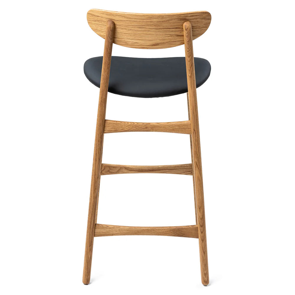 Megan handcrafted solid wood bar counter stool from natural oak and natural leather seat.