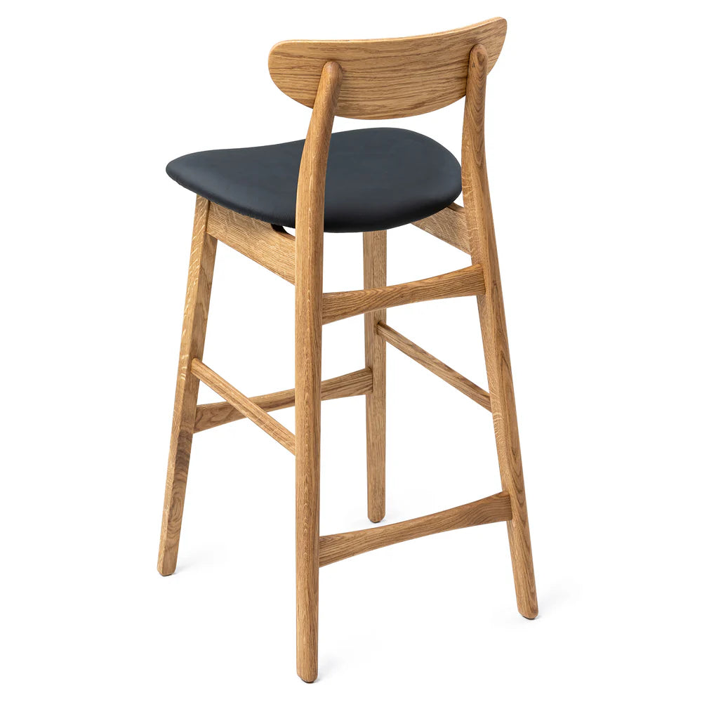Megan handcrafted solid wood bar counter stool from natural oak and natural leather seat.