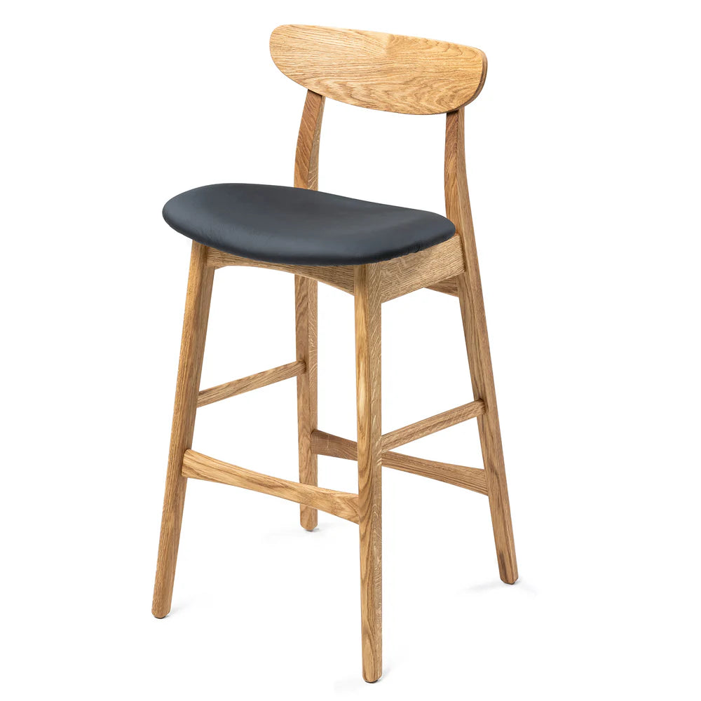 Megan handcrafted solid wood bar counter stool from natural oak and natural leather seat.