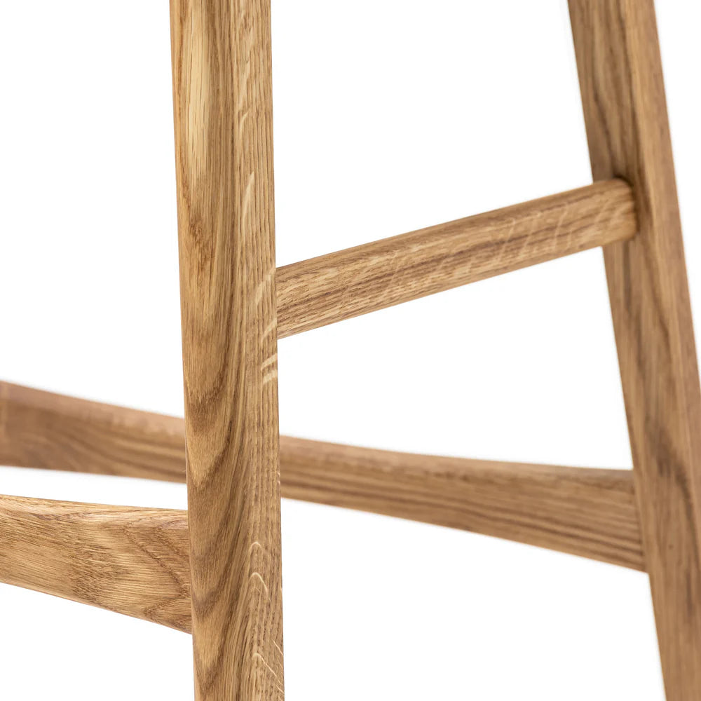 Megan handcrafted solid wood bar counter stool from natural oak and natural leather seat.