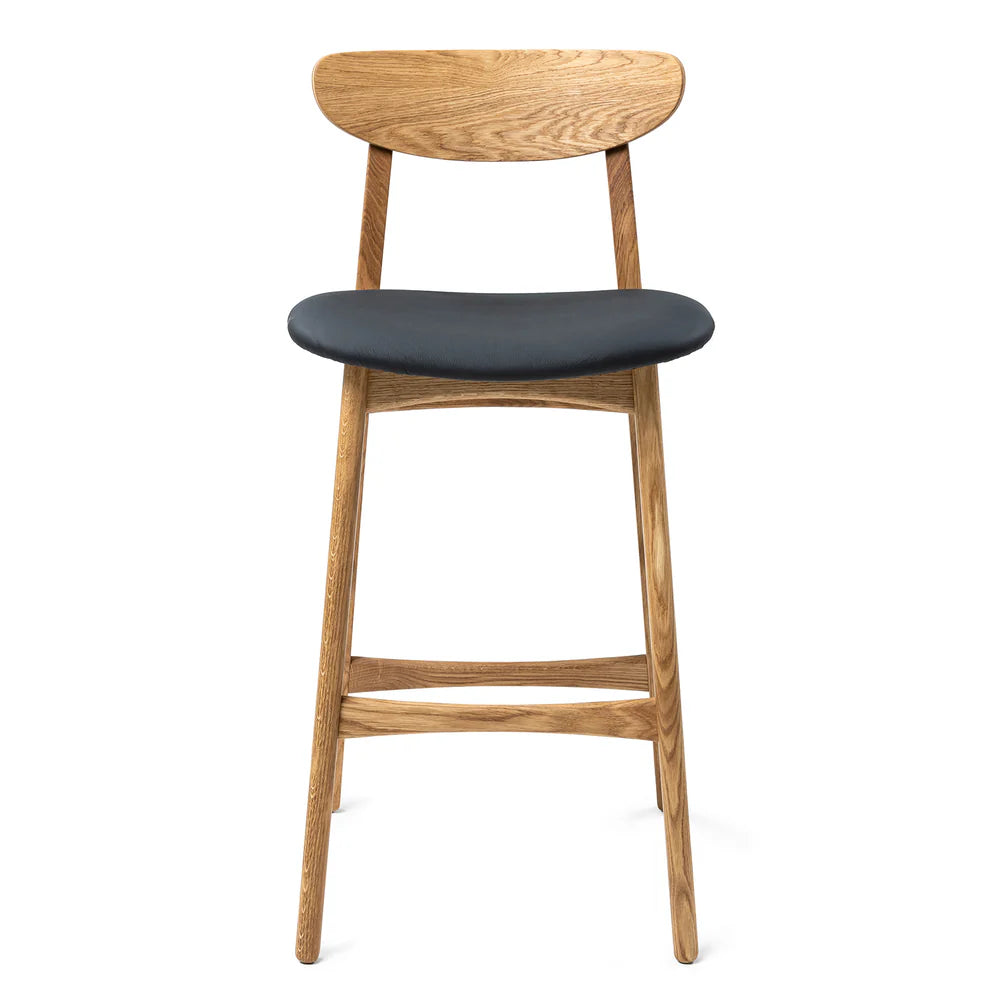 Megan handcrafted solid wood bar counter stool from natural oak and natural leather seat.