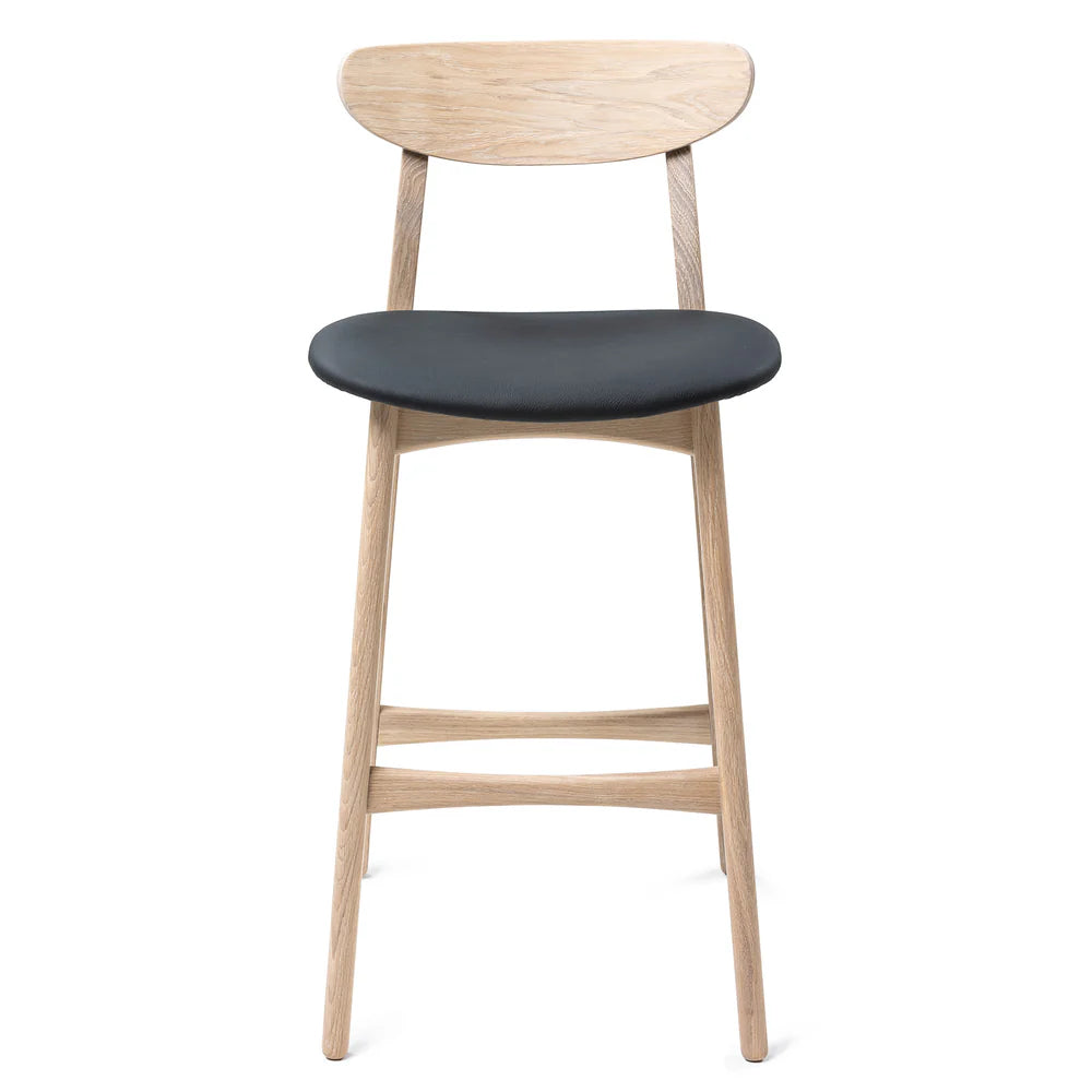 Megan handcrafted solid wood bar counter stool from natural oak and natural leather seat.