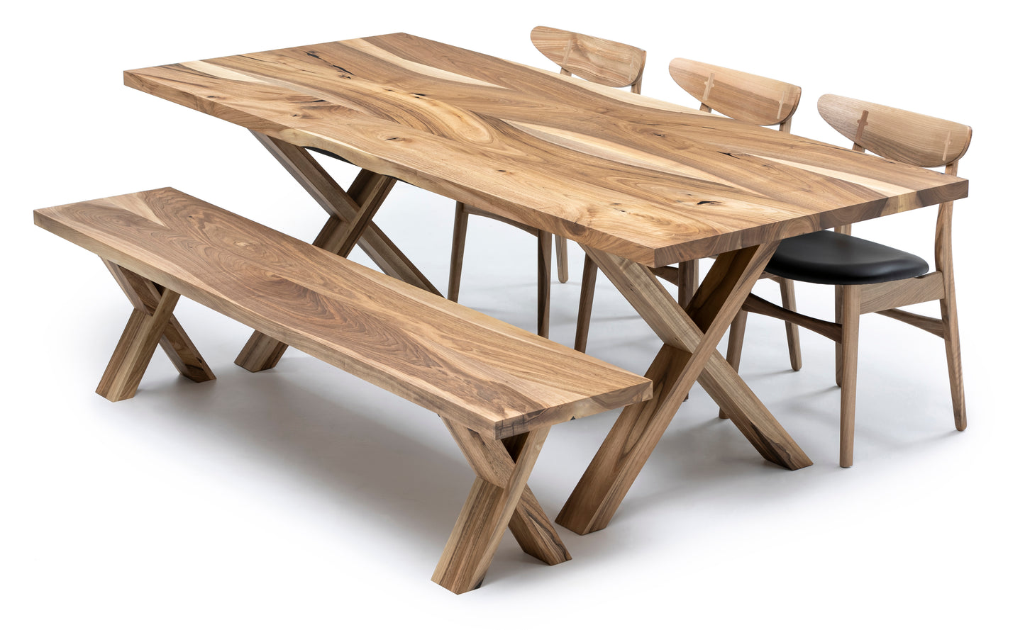 Megan Extendable Solid Wood Natural Walnut Dining Table With Wood Legs With Seating Bench and Dining Leather Chairs Talia Haus