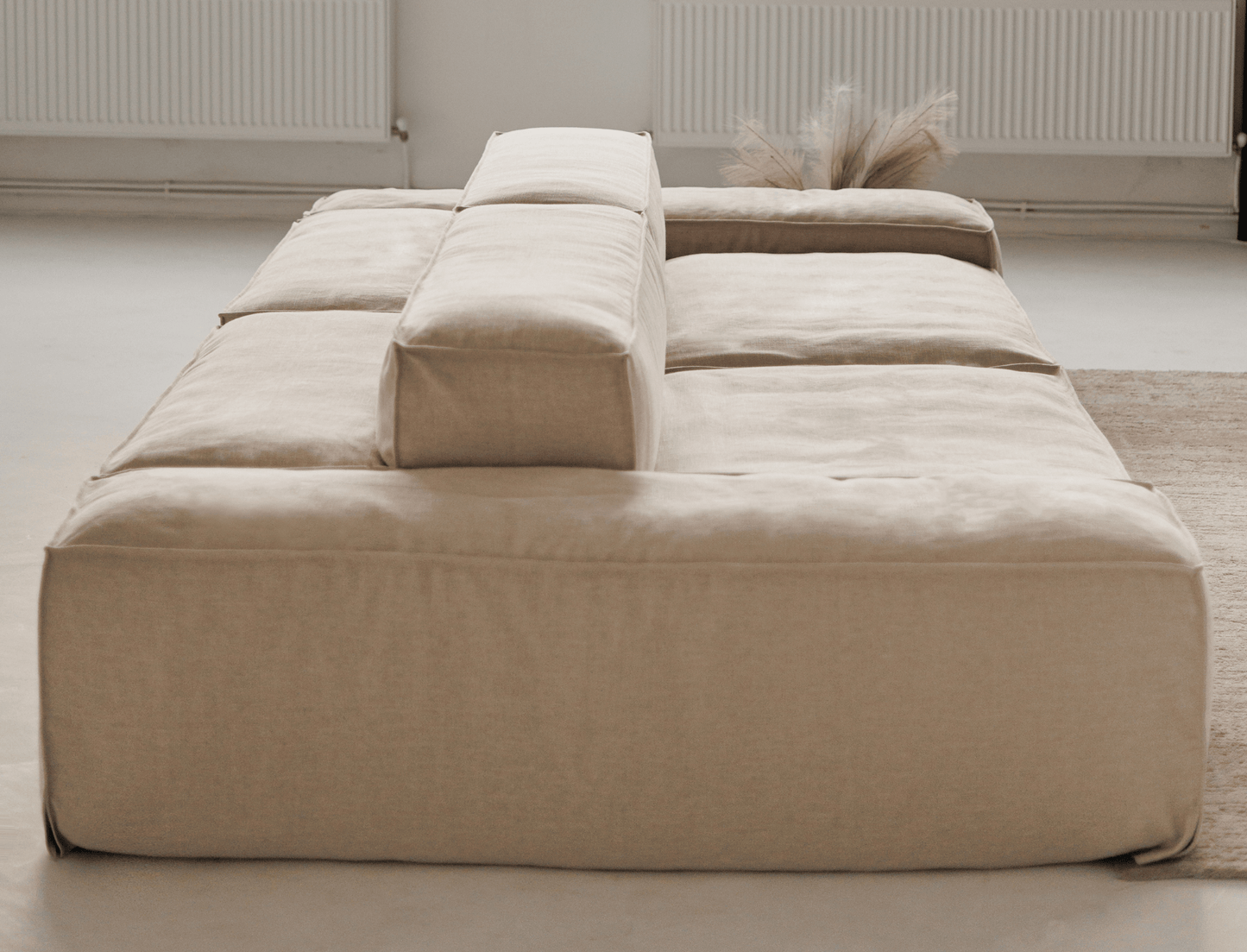 Mood modular linen sofa by Talia Haus, featuring premium construction with memory foam, goose down, and linen fabric upholstery.