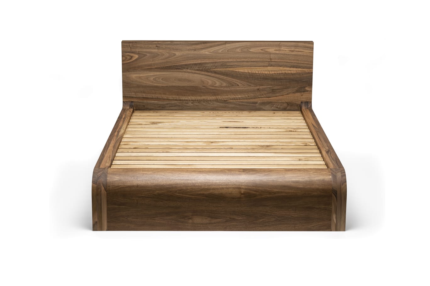 Naby handmade solid wood bed crafted from FSC certified clear walnut planks, featuring a bespoke, custom design that highlights natural wood grain. This premium, sustainable bed frame blends luxury craftsmanship with minimalist style — a timeless piece for modern bedrooms focused on quality and comfort.