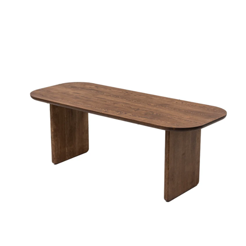 Handcrafted solid wood dining table with wooden plate legs in chocolate oak.