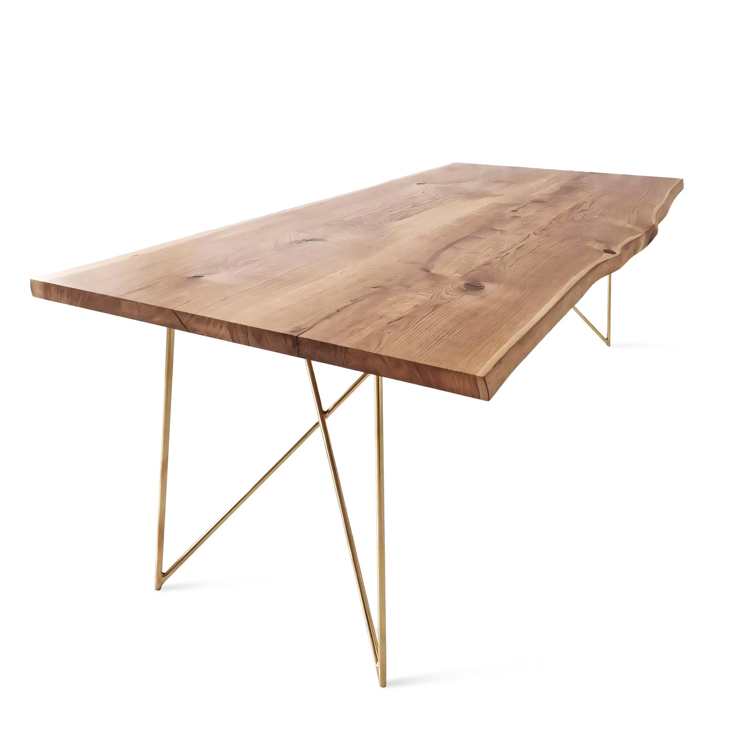 Close-up view of the Rhea solid wood dining table in oak or walnut with golden metal legs, featuring live or corner edge detailing.