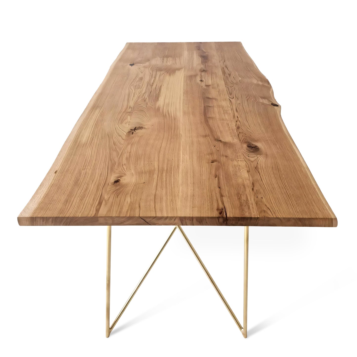 Close-up view of the Rhea solid wood dining table in oak or walnut with golden metal legs, featuring live or corner edge detailing.