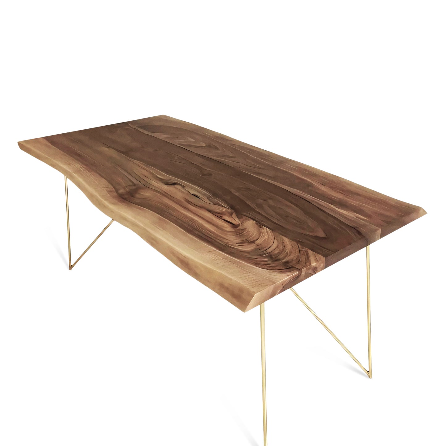 Close-up view of the Rhea solid wood dining table in oak or walnut with golden metal legs, featuring live or corner edge detailing.