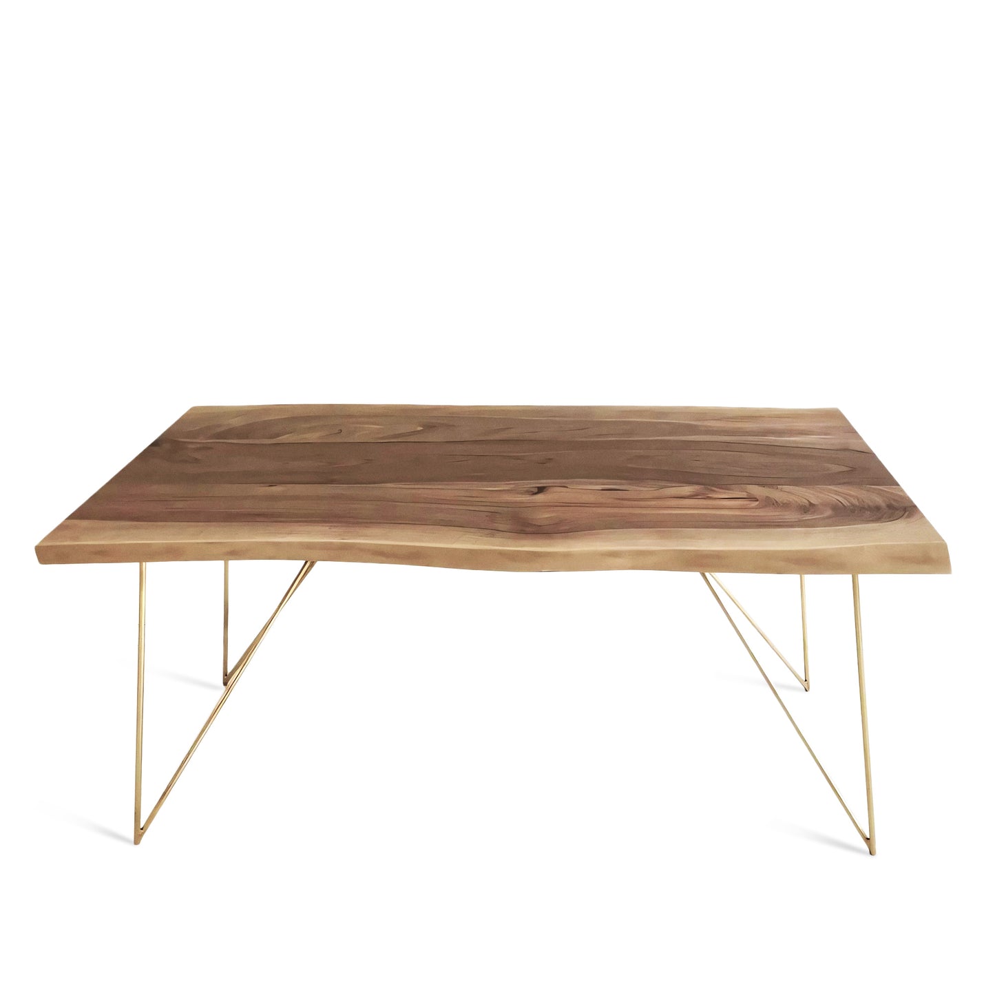 Close-up view of the Rhea solid wood dining table in oak or walnut with golden metal legs, featuring live or corner edge detailing.