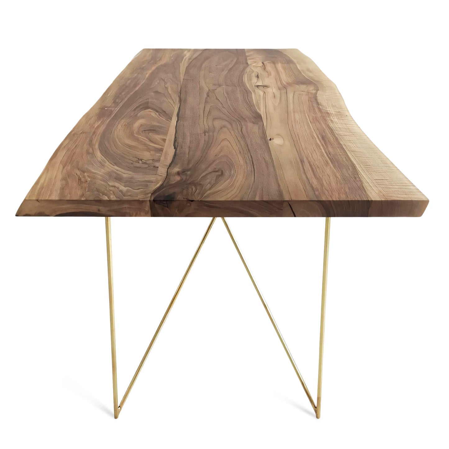 Close-up view of the Rhea solid wood dining table in oak or walnut with golden metal legs, featuring live or corner edge detailing.