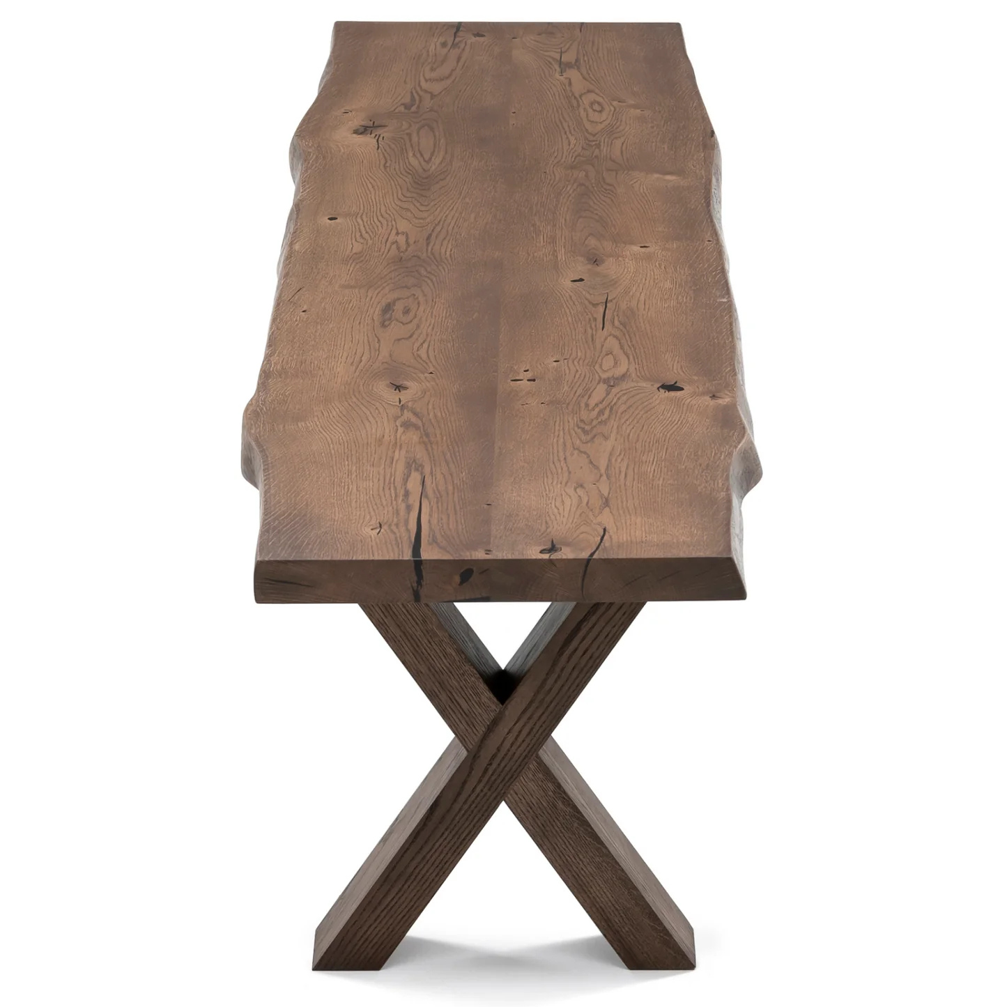 Solid wood dining bench in dark oak with live edge.