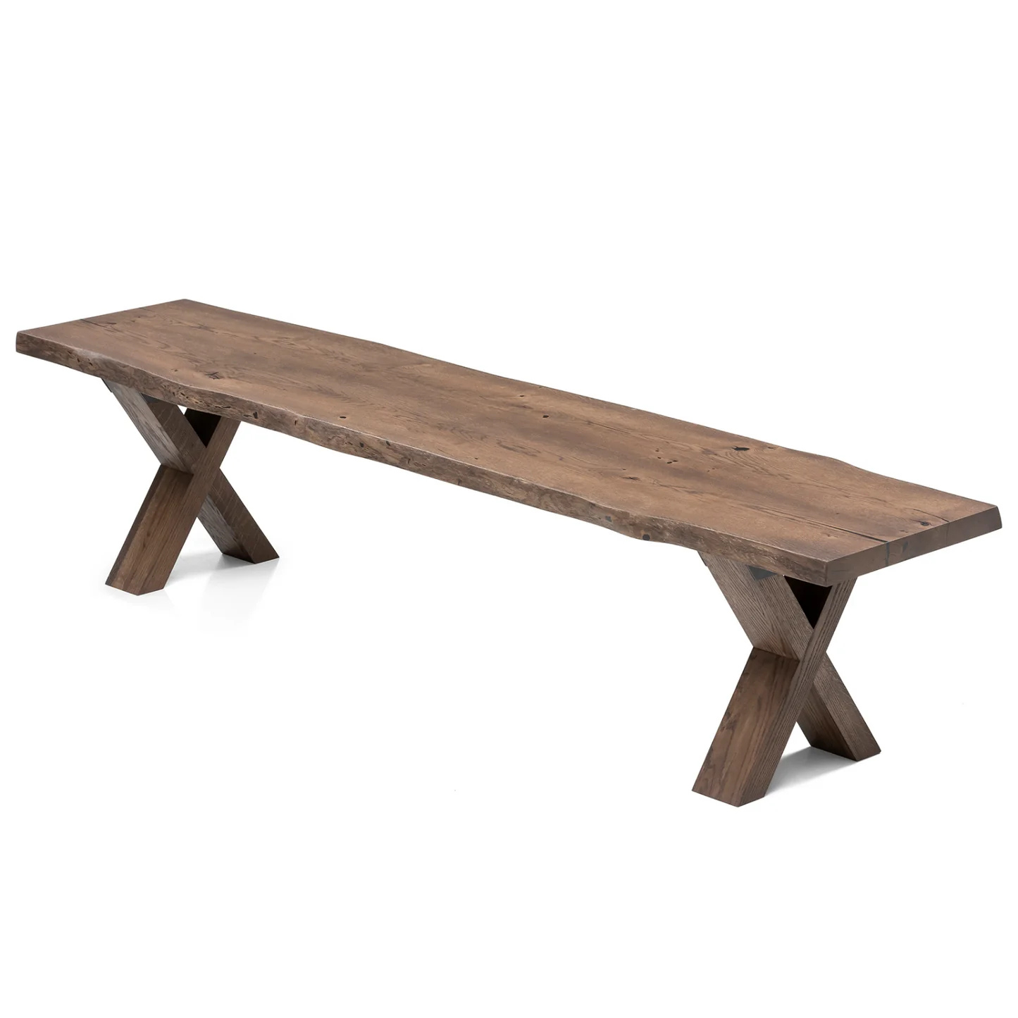 Solid wood dining bench in dark oak with live edge.