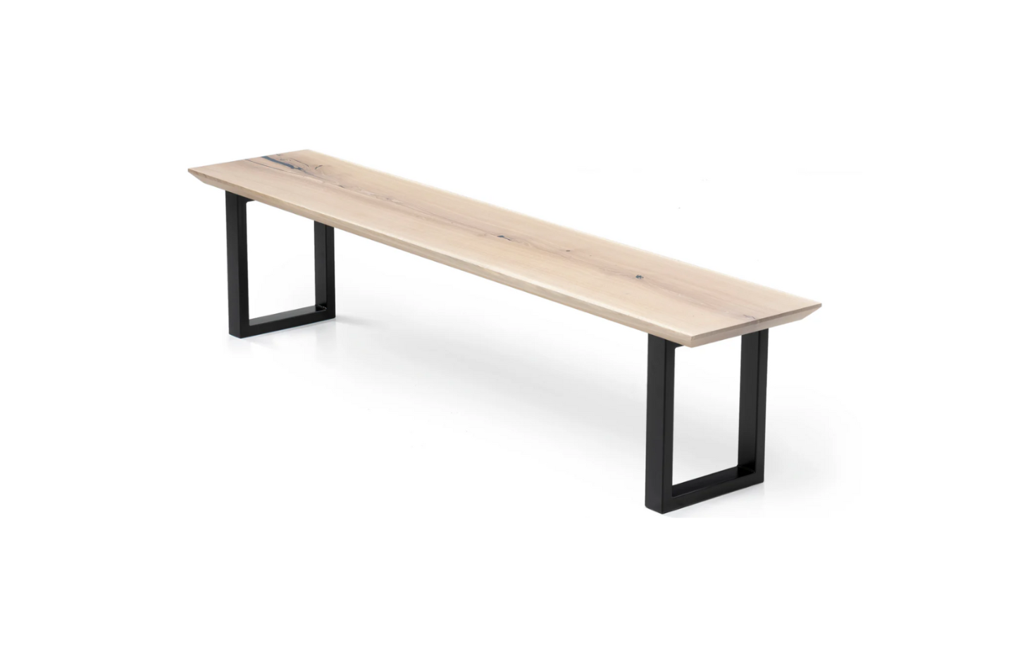 Handcrafted solid wood dining bench in white oak with metal legs.