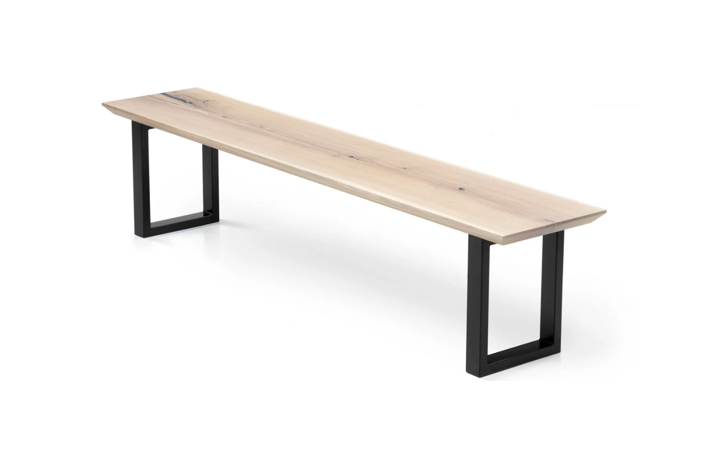 Handcrafted solid wood dining bench in white oak with metal legs.