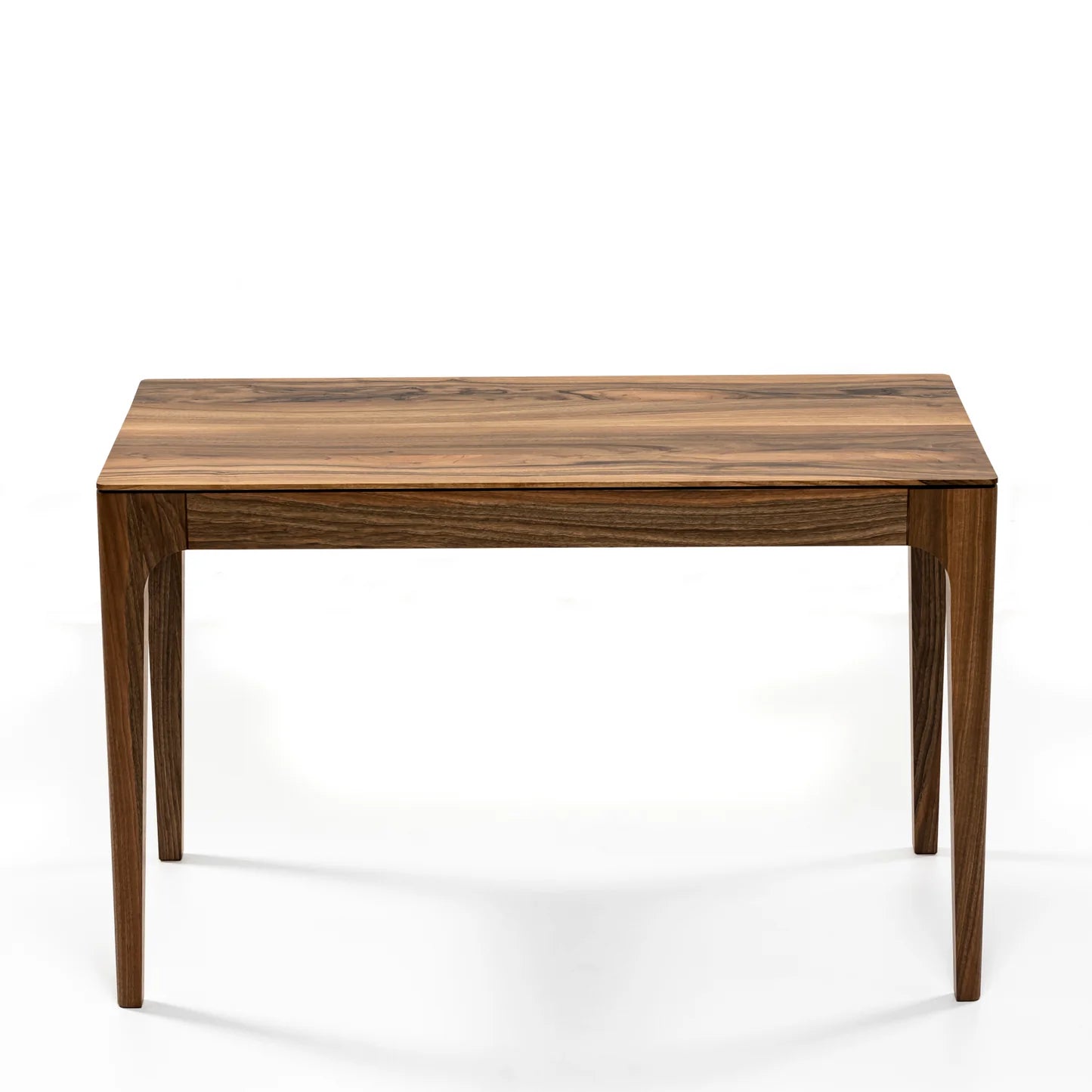 Rectangular solid wood dining table with hidden extension mechanism in dark walnut.