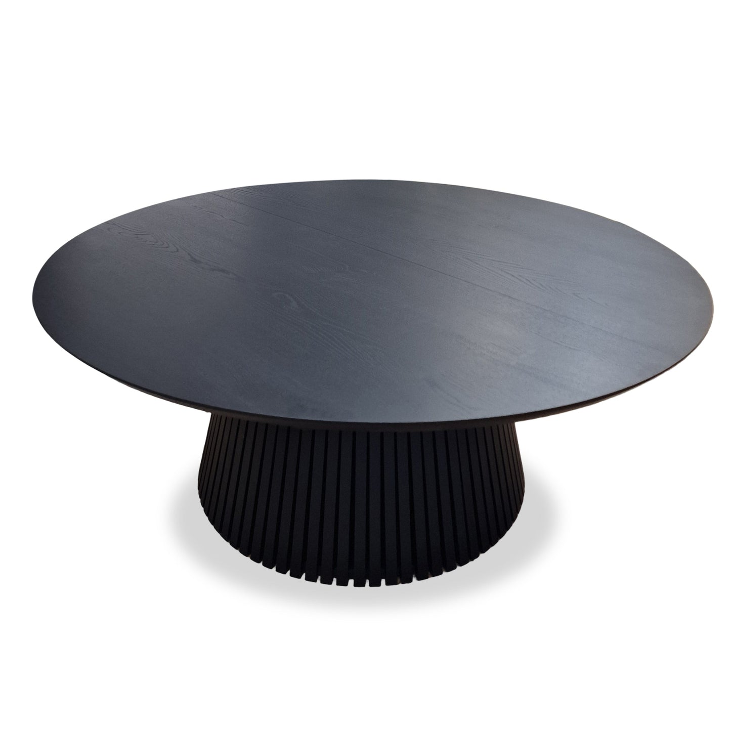 Custom round dining table, extendable and expandable, solid FSC oak with pipe leg base, sustainable, handmade furniture delivered across Europe.
