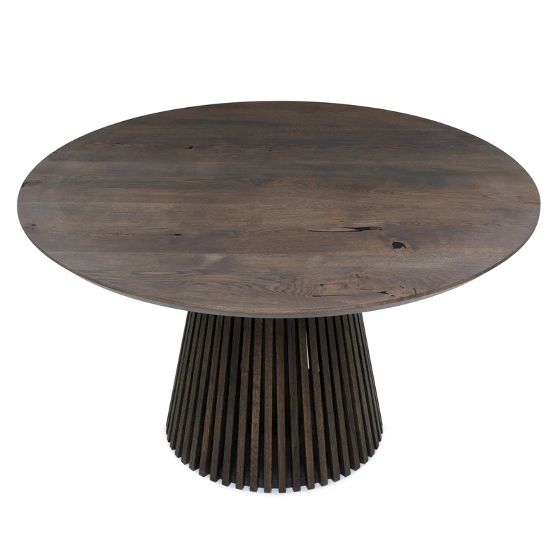 Custom round dining table, extendable and expandable, solid FSC oak with pipe leg base, sustainable, handmade furniture delivered across Europe.