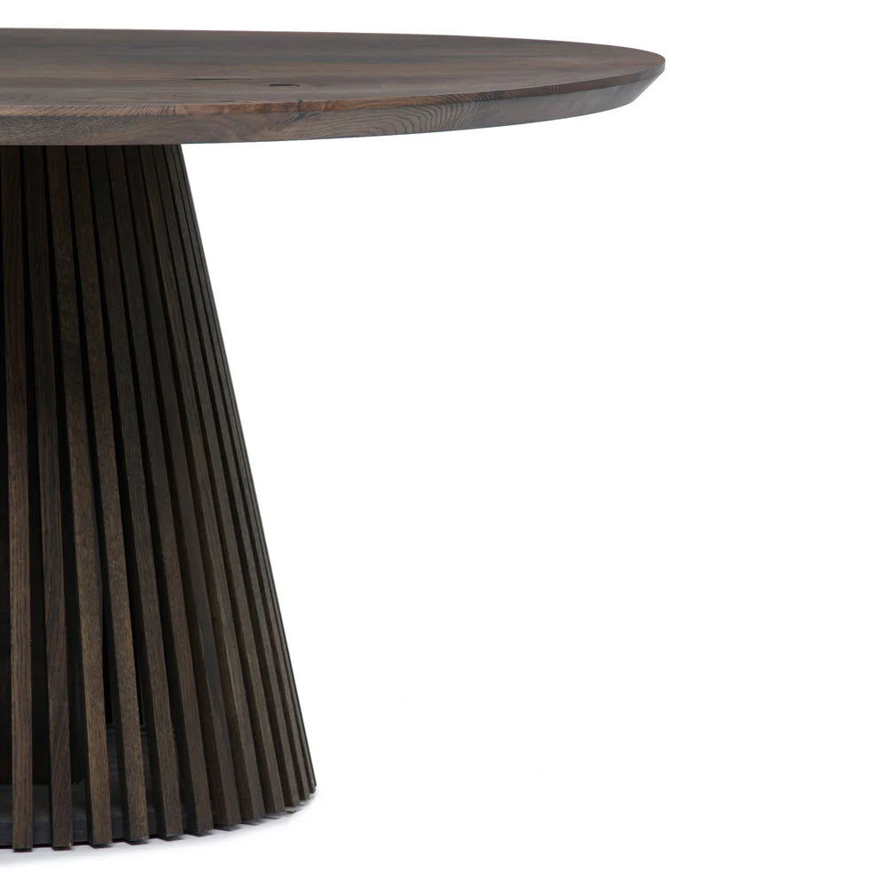 Round extendable solid wood dining table with wood pipe legs in dark oak.