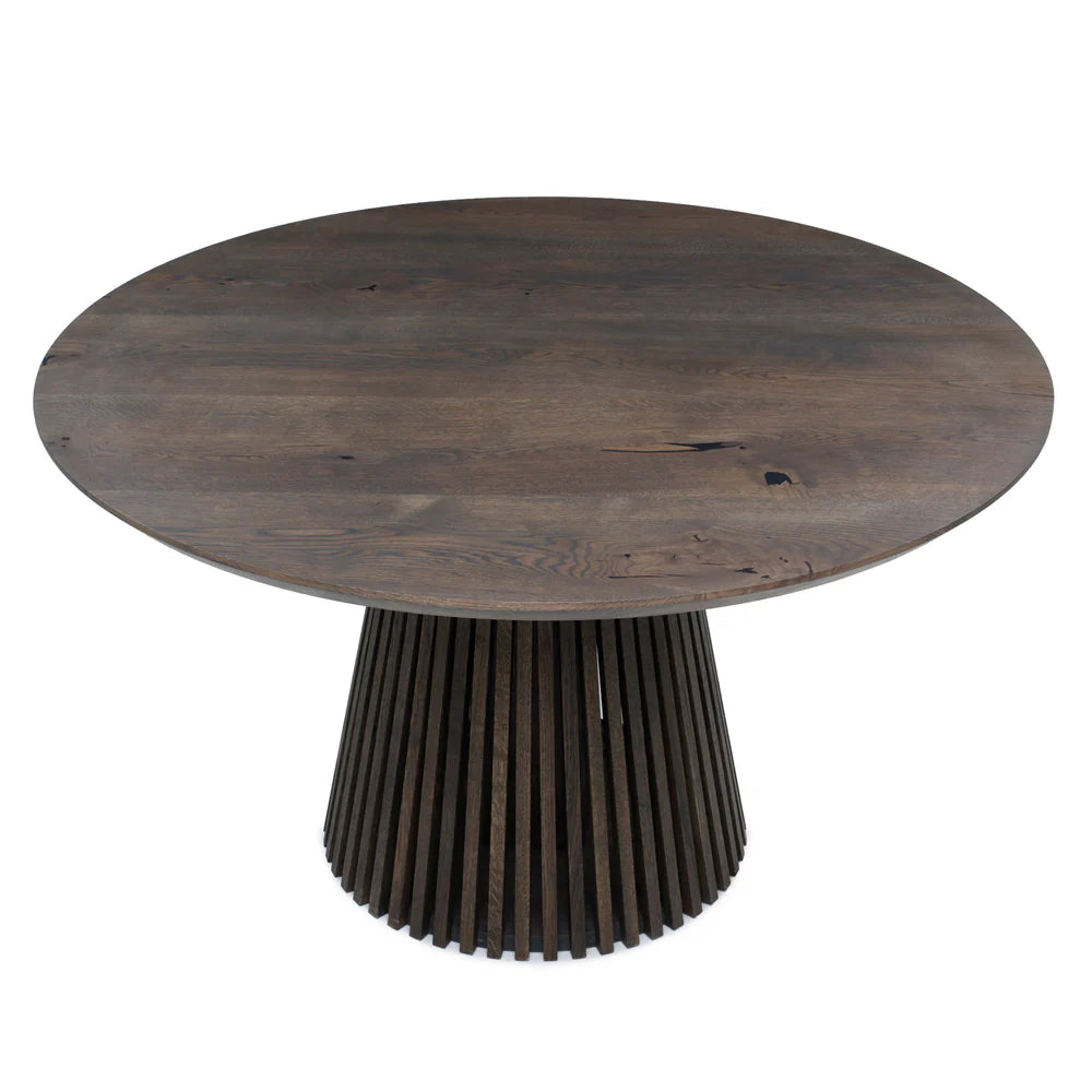Round extendable solid wood dining table with wood pipe legs in dark oak.